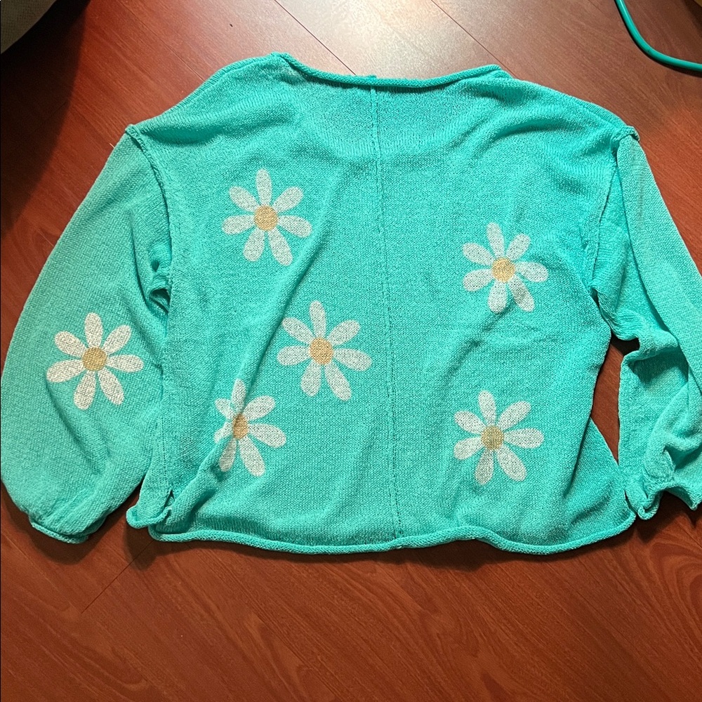 POL Turquoise daisy Floral V-Neck over sized Sweater size L - Picture 2 of 8
